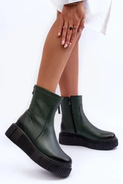 Zazoo Botki Skórzane|Botki Zimowe Damskie*60369 Damskie Skórzane Botki Na Platformie Zielone