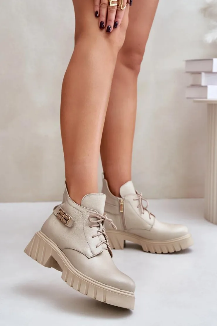 New Zazoo 60483 Damskie Skórzane Botki Z Niską Cholewką Ocieplane Beżowe Beżowy