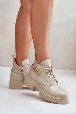 New Zazoo 60483 Damskie Skórzane Botki Z Niską Cholewką Ocieplane Beżowe Beżowy