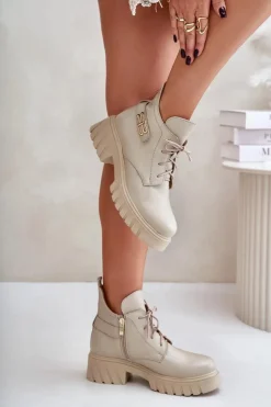 New Zazoo 60483 Damskie Skórzane Botki Z Niską Cholewką Ocieplane Beżowe Beżowy