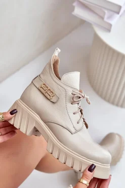 New Zazoo 60483 Damskie Skórzane Botki Z Niską Cholewką Ocieplane Beżowe Beżowy