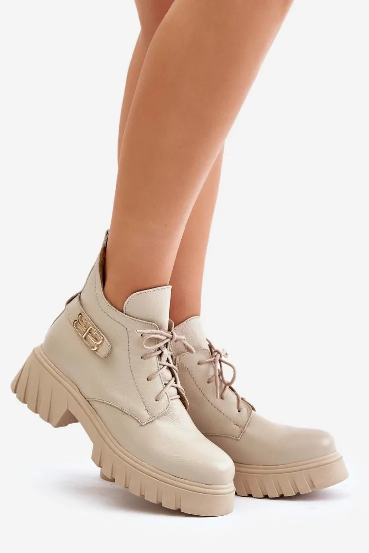 New Zazoo 60483 Damskie Skórzane Botki Z Niską Cholewką Ocieplane Beżowe Beżowy