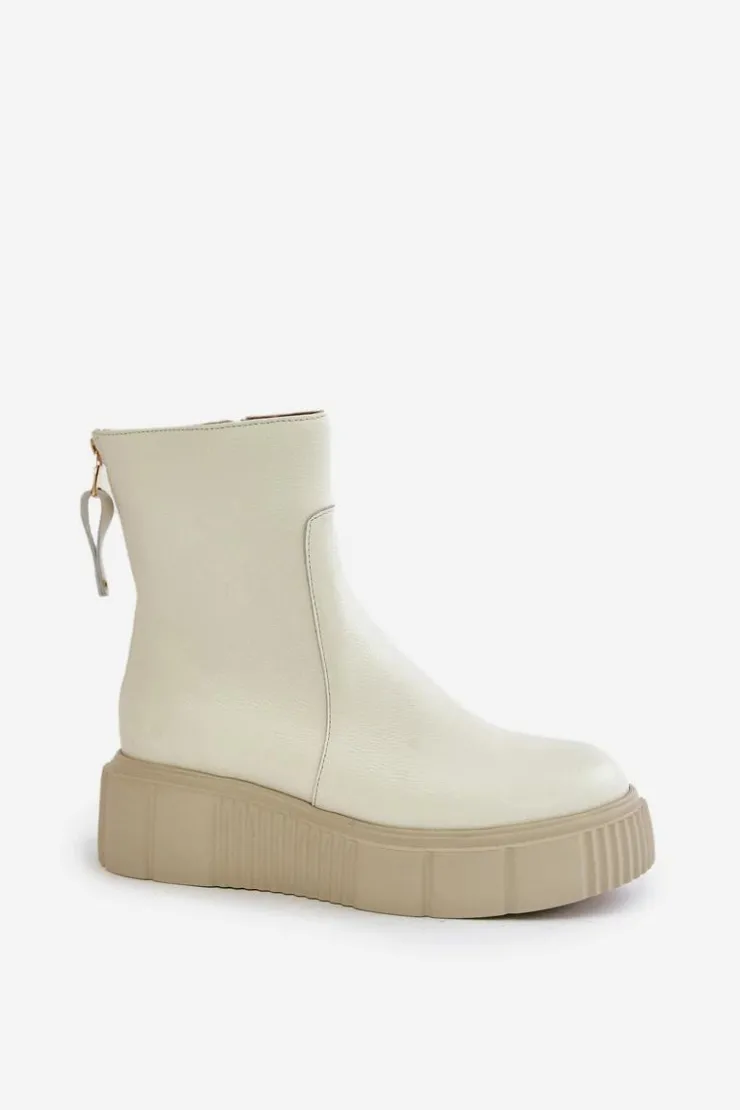 Damskie Zazoo 60369 Damskie Skórzane Botki Na Platformie Jasnobeżowe
