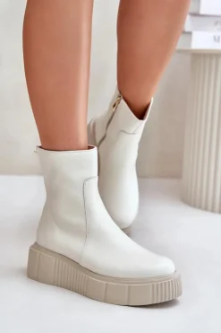 Damskie Zazoo 60369 Damskie Skórzane Botki Na Platformie Jasnobeżowe