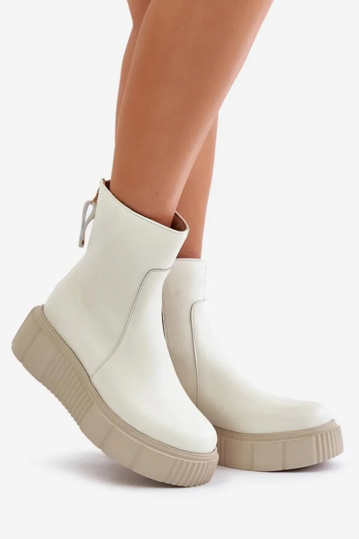 Damskie Zazoo 60369 Damskie Skórzane Botki Na Platformie Jasnobeżowe