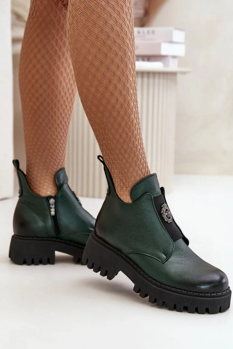 Online Boto Zazoo 60451 Damskie Skórzane Botki Z Ozdobą Ciemnozielone Zielony