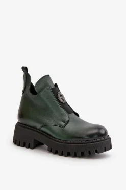 Online Boto Zazoo 60451 Damskie Skórzane Botki Z Ozdobą Ciemnozielone Zielony