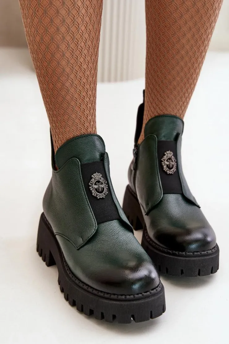 Online Boto Zazoo 60451 Damskie Skórzane Botki Z Ozdobą Ciemnozielone Zielony