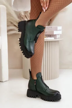 Online Boto Zazoo 60451 Damskie Skórzane Botki Z Ozdobą Ciemnozielone Zielony