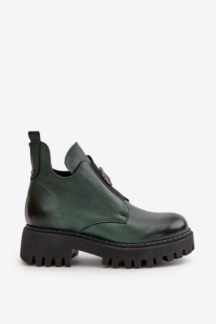 Online Boto Zazoo 60451 Damskie Skórzane Botki Z Ozdobą Ciemnozielone Zielony