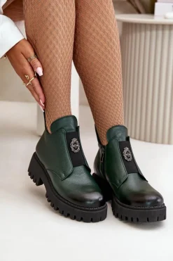 Online Boto Zazoo 60451 Damskie Skórzane Botki Z Ozdobą Ciemnozielone Zielony