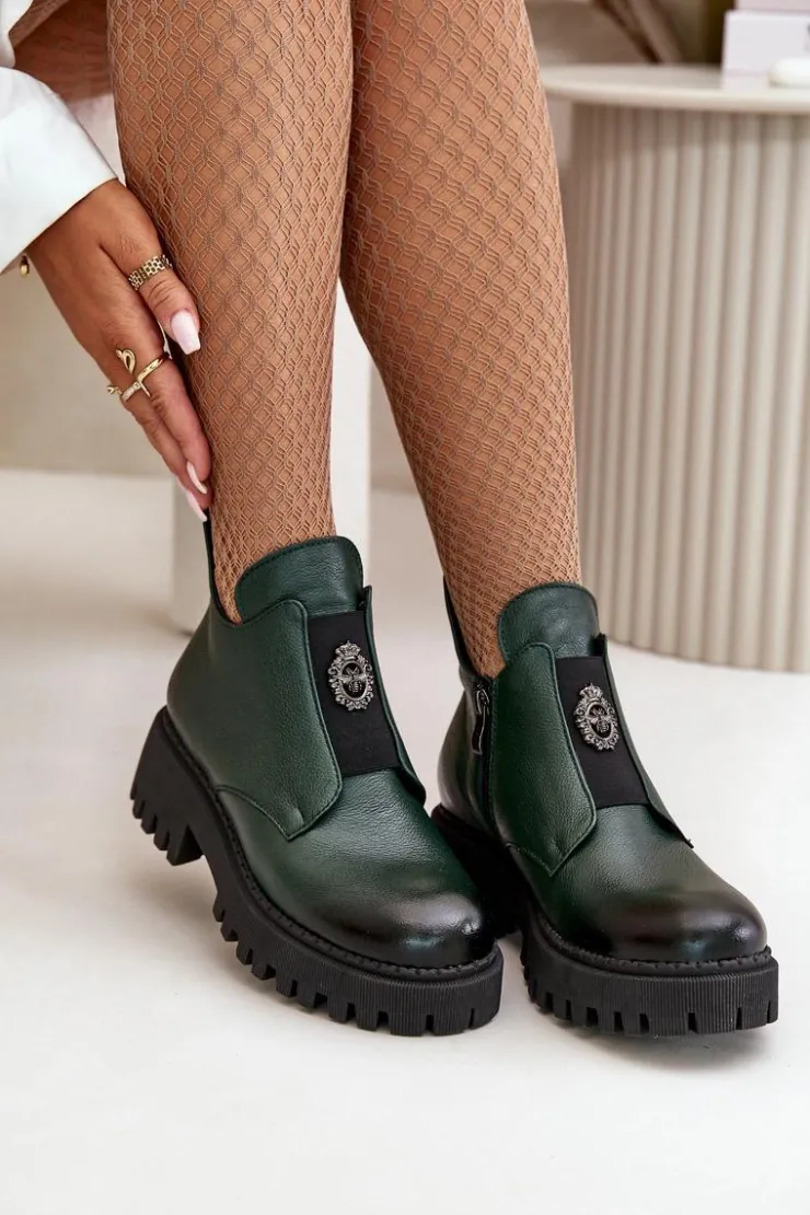 Online Boto Zazoo 60451 Damskie Skórzane Botki Z Ozdobą Ciemnozielone Zielony