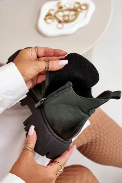 Online Boto Zazoo 60451 Damskie Skórzane Botki Z Ozdobą Ciemnozielone Zielony