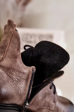 Boto Botki Skórzane|Botki Sznurowane*Zazoo 60309 Damskie Skórzane Botki Na Płaskim Obcasie Ciemnobeżowe