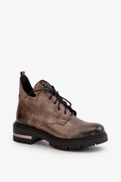 Boto Botki Skórzane|Botki Sznurowane*Zazoo 60309 Damskie Skórzane Botki Na Płaskim Obcasie Ciemnobeżowe