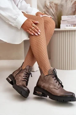 Boto Botki Skórzane|Botki Sznurowane*Zazoo 60309 Damskie Skórzane Botki Na Płaskim Obcasie Ciemnobeżowe