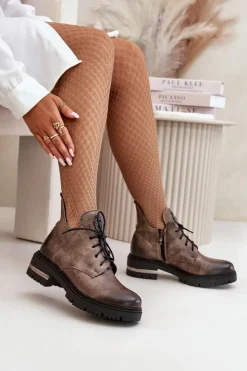 Boto Botki Skórzane|Botki Sznurowane*Zazoo 60309 Damskie Skórzane Botki Na Płaskim Obcasie Ciemnobeżowe