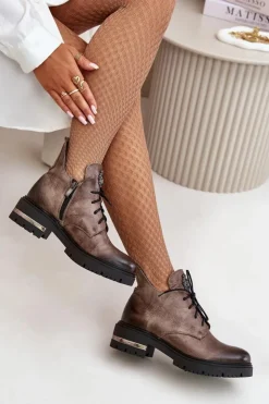 Boto Botki Skórzane|Botki Sznurowane*Zazoo 60309 Damskie Skórzane Botki Na Płaskim Obcasie Ciemnobeżowe