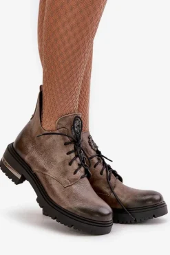 Boto Botki Skórzane|Botki Sznurowane*Zazoo 60309 Damskie Skórzane Botki Na Płaskim Obcasie Ciemnobeżowe