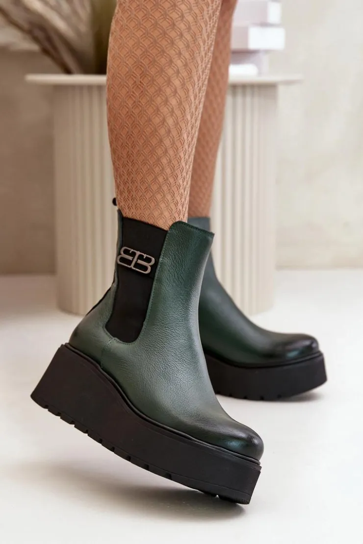 Zazoo Botki Ocieplane|Botki Skórzane*60498 Damskie Skórzane Botki Sztyblety Na Platformie I Koturnie Ciemnozielone