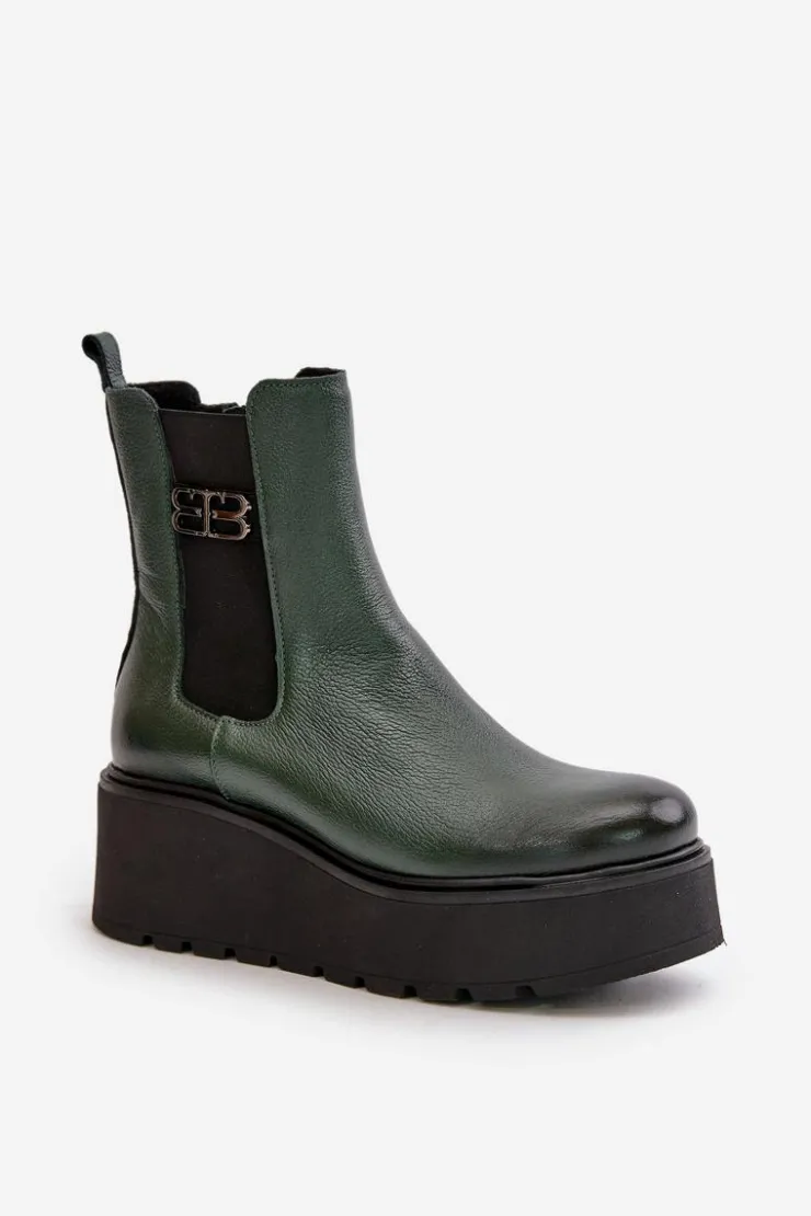 Zazoo Botki Ocieplane|Botki Skórzane*60498 Damskie Skórzane Botki Sztyblety Na Platformie I Koturnie Ciemnozielone