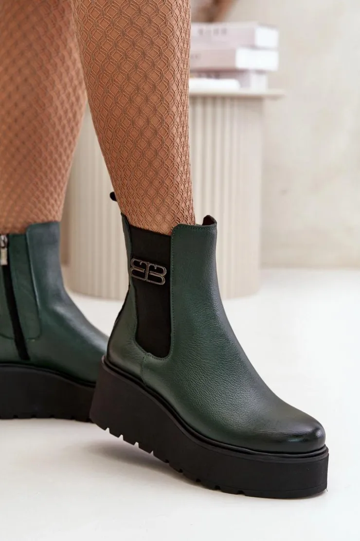 Zazoo Botki Ocieplane|Botki Skórzane*60498 Damskie Skórzane Botki Sztyblety Na Platformie I Koturnie Ciemnozielone