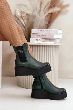 Zazoo Botki Ocieplane|Botki Skórzane*60498 Damskie Skórzane Botki Sztyblety Na Platformie I Koturnie Ciemnozielone
