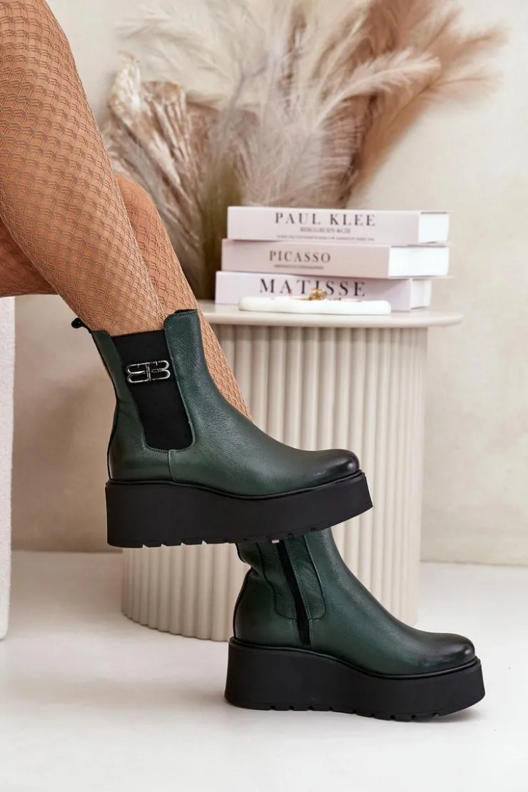 Zazoo Botki Ocieplane|Botki Skórzane*60498 Damskie Skórzane Botki Sztyblety Na Platformie I Koturnie Ciemnozielone