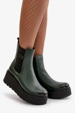 Zazoo Botki Ocieplane|Botki Skórzane*60498 Damskie Skórzane Botki Sztyblety Na Platformie I Koturnie Ciemnozielone