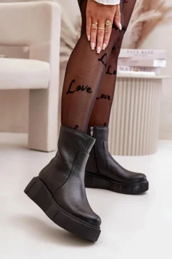 Zazoo Botki Ocieplane|Botki Skórzane*60369 Damskie Skórzane Botki Na Platformie Czarne Czarny