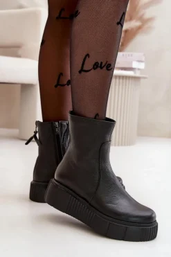 Zazoo Botki Ocieplane|Botki Skórzane*60369 Damskie Skórzane Botki Na Platformie Czarne Czarny