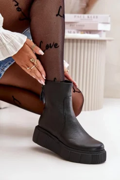 Zazoo Botki Ocieplane|Botki Skórzane*60369 Damskie Skórzane Botki Na Platformie Czarne Czarny