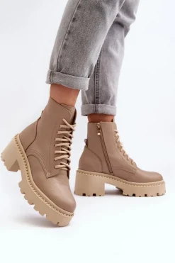 Best Zazoo 3413 Damskie Skórzane Botki Workery Na Masywnym Obcasie Beżowe