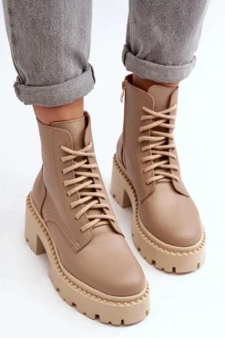 Best Zazoo 3413 Damskie Skórzane Botki Workery Na Masywnym Obcasie Beżowe