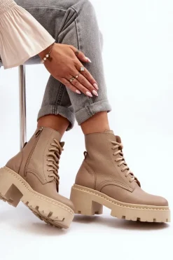 Best Zazoo 3413 Damskie Skórzane Botki Workery Na Masywnym Obcasie Beżowe