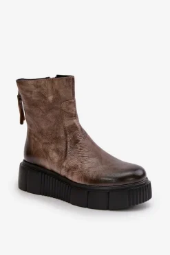 Best Zazoo 60369 Damskie Skórzane Botki Na Platformie Ciemnobeżowe Beżowy