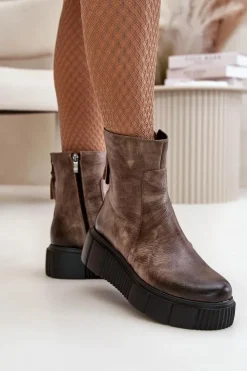 Best Zazoo 60369 Damskie Skórzane Botki Na Platformie Ciemnobeżowe Beżowy