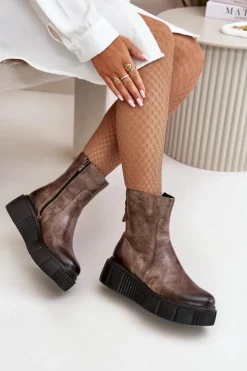 Best Zazoo 60369 Damskie Skórzane Botki Na Platformie Ciemnobeżowe Beżowy