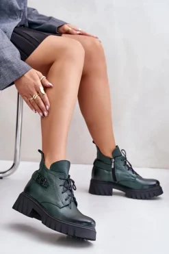 Damskie Zazoo 60483 Damskie Skórzane Botki Z Niską Cholewką Ocieplane Ciemnozielone