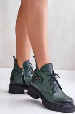 Damskie Zazoo 60483 Damskie Skórzane Botki Z Niską Cholewką Ocieplane Ciemnozielone