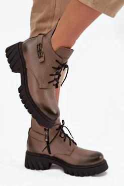 Online Zazoo 60483 Damskie Skórzane Botki Z Niską Cholewką Ocieplane Ciemnobeżowe Beżowy