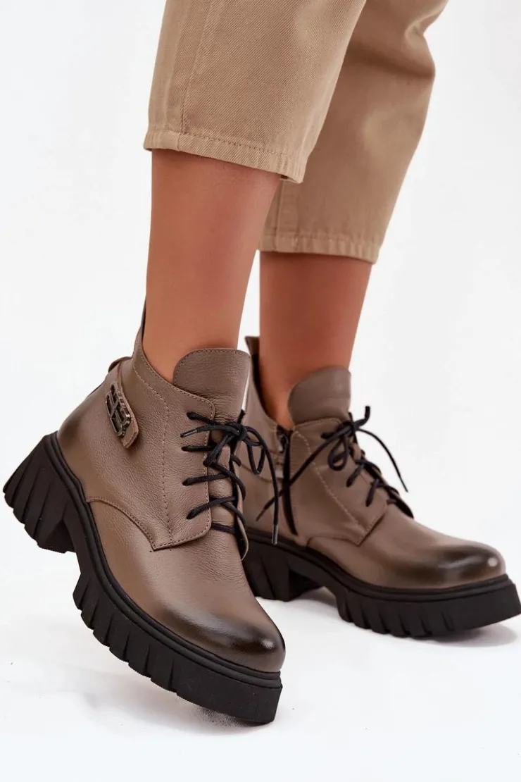 Online Zazoo 60483 Damskie Skórzane Botki Z Niską Cholewką Ocieplane Ciemnobeżowe Beżowy