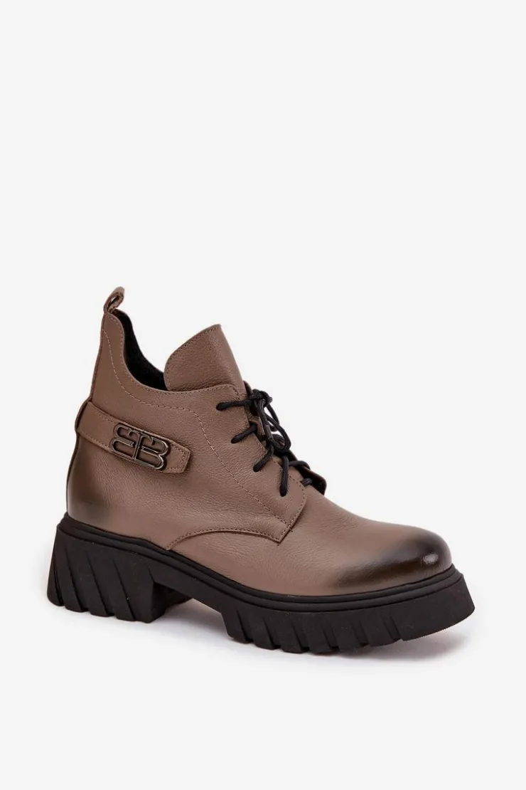 Online Zazoo 60483 Damskie Skórzane Botki Z Niską Cholewką Ocieplane Ciemnobeżowe Beżowy