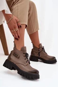 Online Zazoo 60483 Damskie Skórzane Botki Z Niską Cholewką Ocieplane Ciemnobeżowe Beżowy