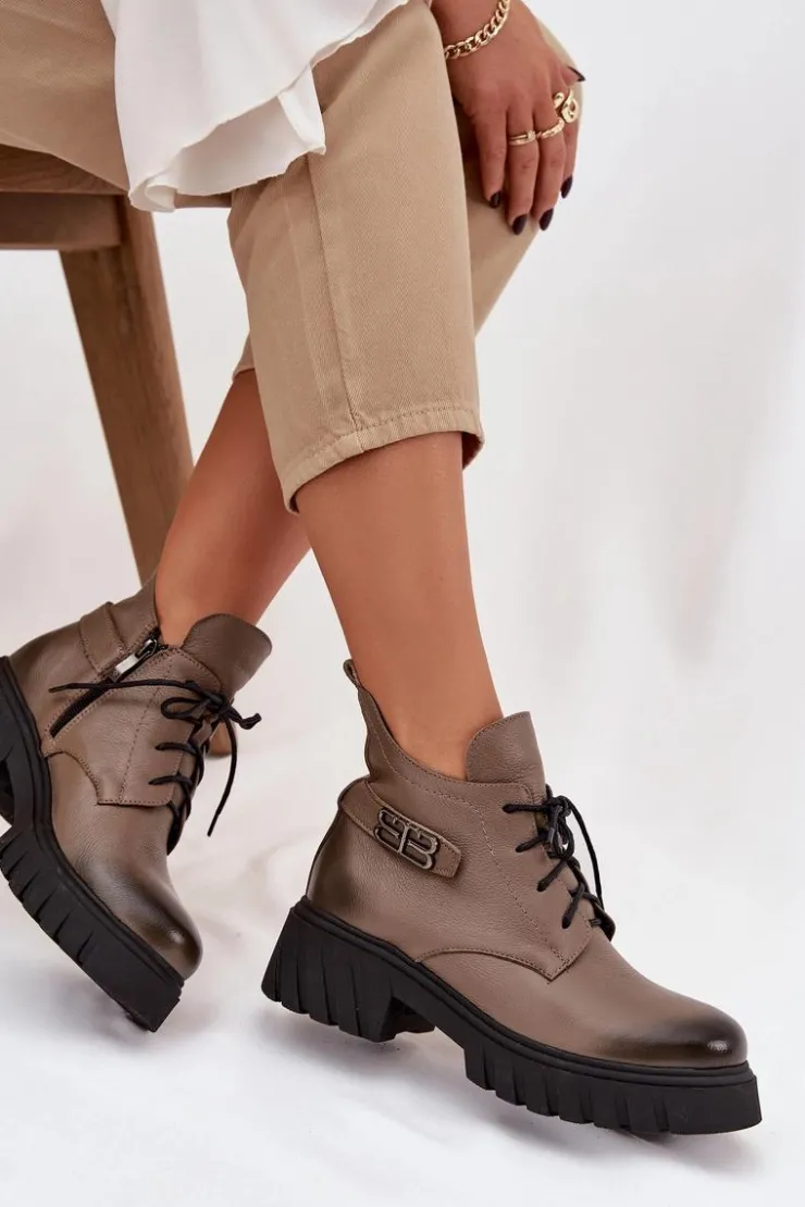 Online Zazoo 60483 Damskie Skórzane Botki Z Niską Cholewką Ocieplane Ciemnobeżowe Beżowy