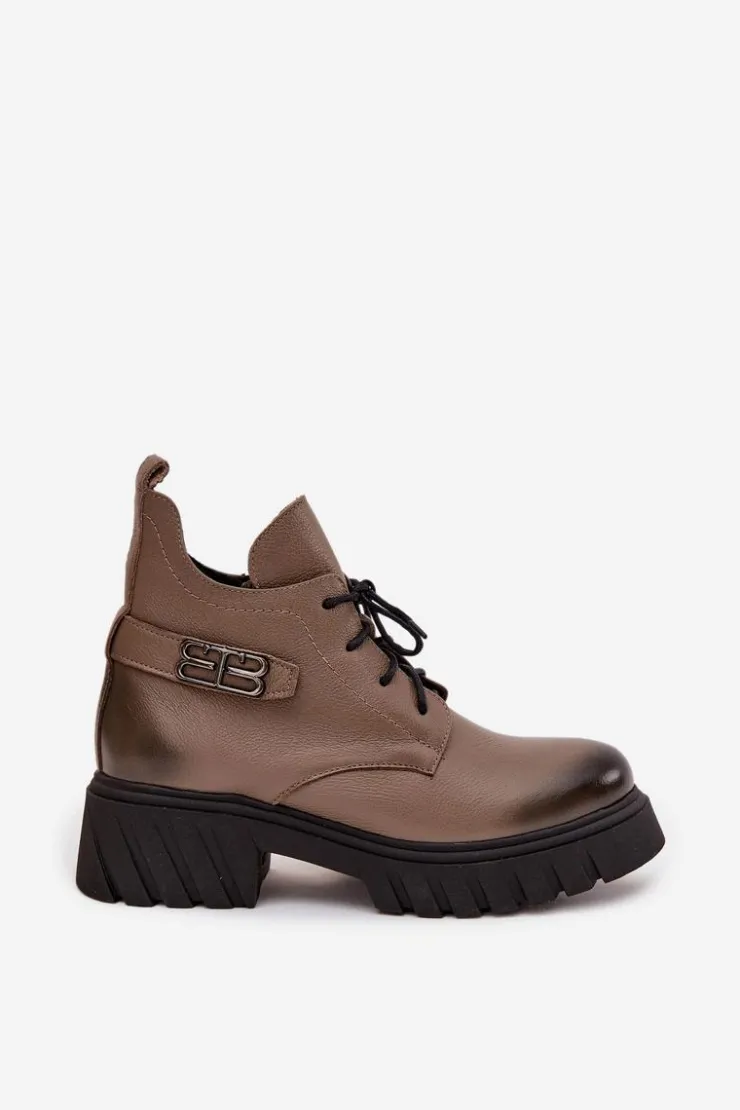 Online Zazoo 60483 Damskie Skórzane Botki Z Niską Cholewką Ocieplane Ciemnobeżowe Beżowy