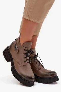 Online Zazoo 60483 Damskie Skórzane Botki Z Niską Cholewką Ocieplane Ciemnobeżowe Beżowy