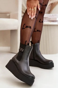 Zazoo Botki Ocieplane|Botki Skórzane*60498 Damskie Skórzane Botki Sztyblety Na Platformie I Koturnie Czarne Czarny