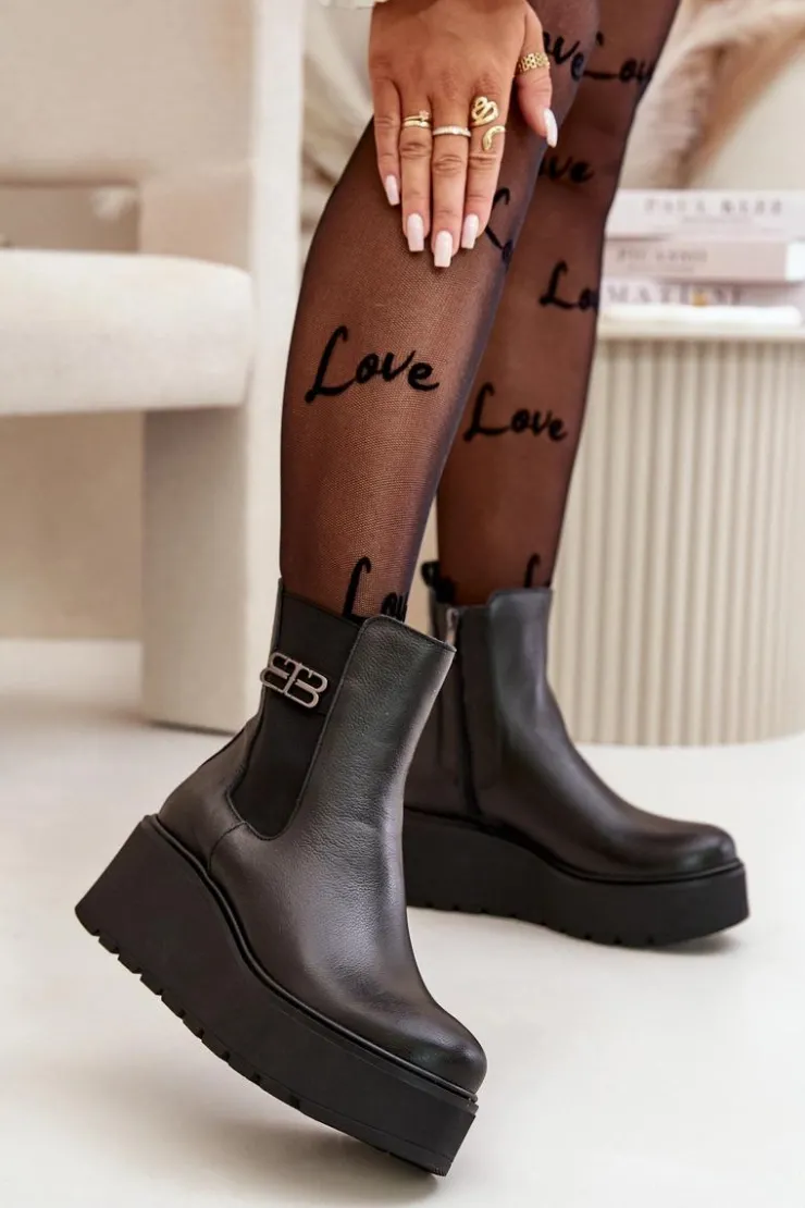 Zazoo Botki Ocieplane|Botki Skórzane*60498 Damskie Skórzane Botki Sztyblety Na Platformie I Koturnie Czarne Czarny