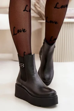 Zazoo Botki Ocieplane|Botki Skórzane*60498 Damskie Skórzane Botki Sztyblety Na Platformie I Koturnie Czarne Czarny